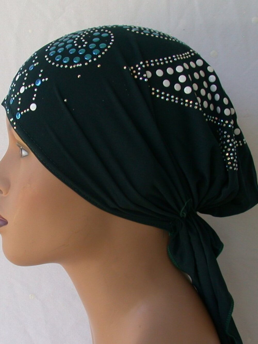 DARK GREEN Fancy Girl Chemo Stud Fashion Cap Slip On Bonnet Hijab Undercap #1